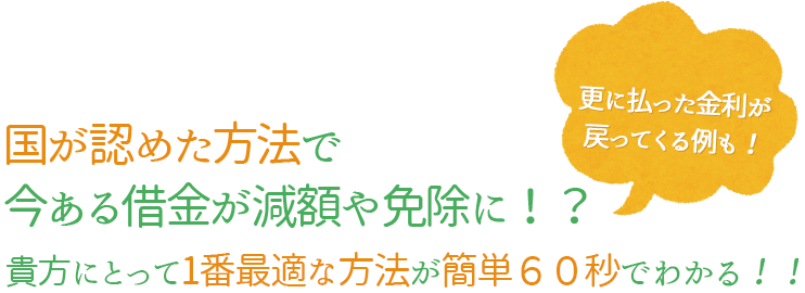 国が認めた方法で今ある借金が減額や免除に!?貴方にとって1番最適な方法が簡単60秒でわかる!更に払った金利が戻ってくる例も!